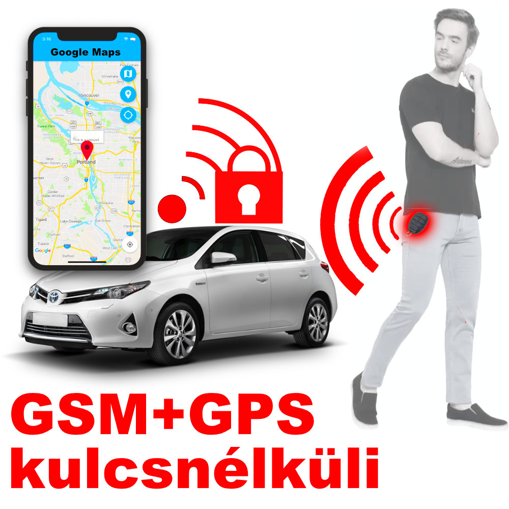 Kulcsnélküli GSM + GPS autóriasztók titkosított automata távirányítóval + riasztás esetén fel is hívnak
